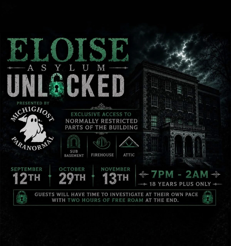Promotional poster for Eloise Asylum Unlocked: haunted building with green text; exclusive access to basement, firehouse, attic; dates Sept 12, Oct 29, Nov 13; 7 PM–2 AM; 18+ only; two hours of free roam.